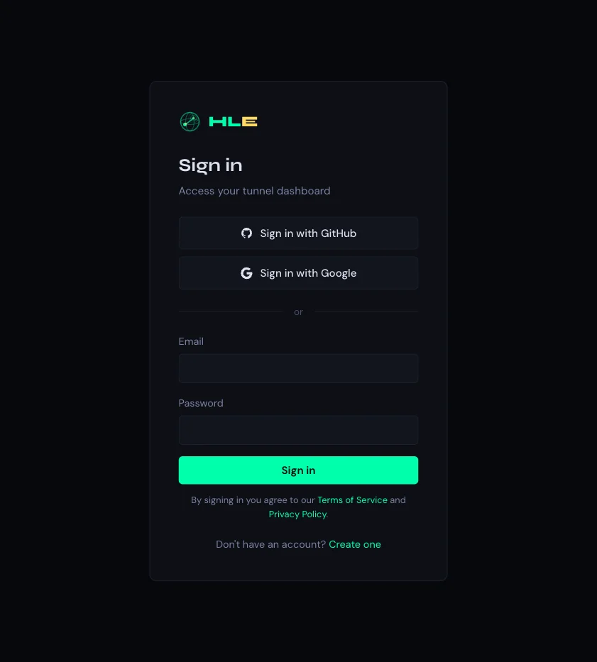 HLE login page with GitHub, Google, and email/password options