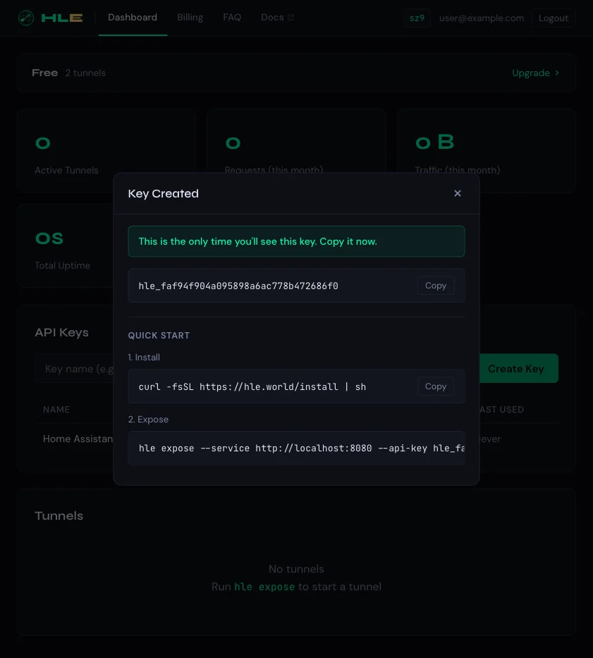 Key Created dialog showing the API key and Quick Start commands