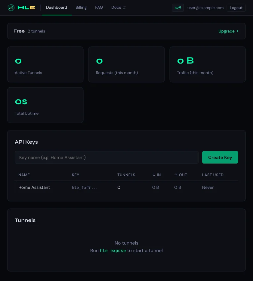 API Keys table showing key name, prefix, tunnel count, and traffic stats