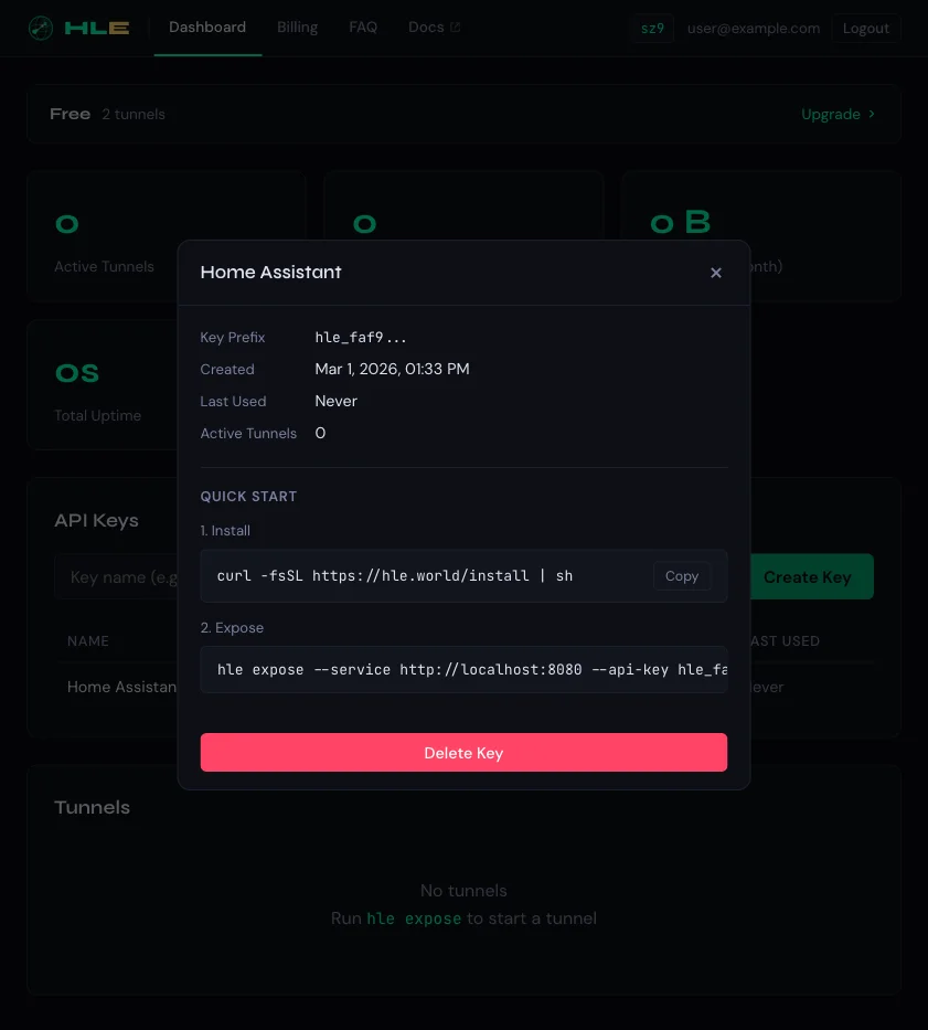 API key detail panel with metadata and delete button