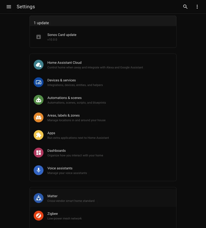 Home Assistant Settings page showing the Apps option