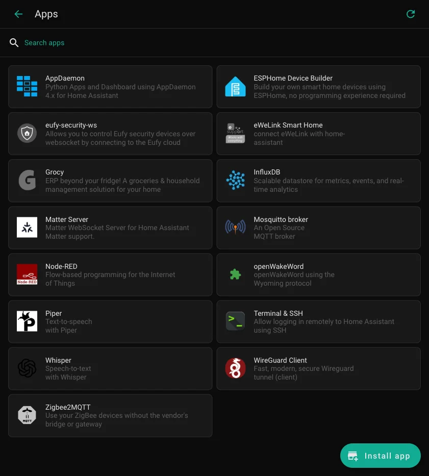 Home Assistant Apps page with Install app button