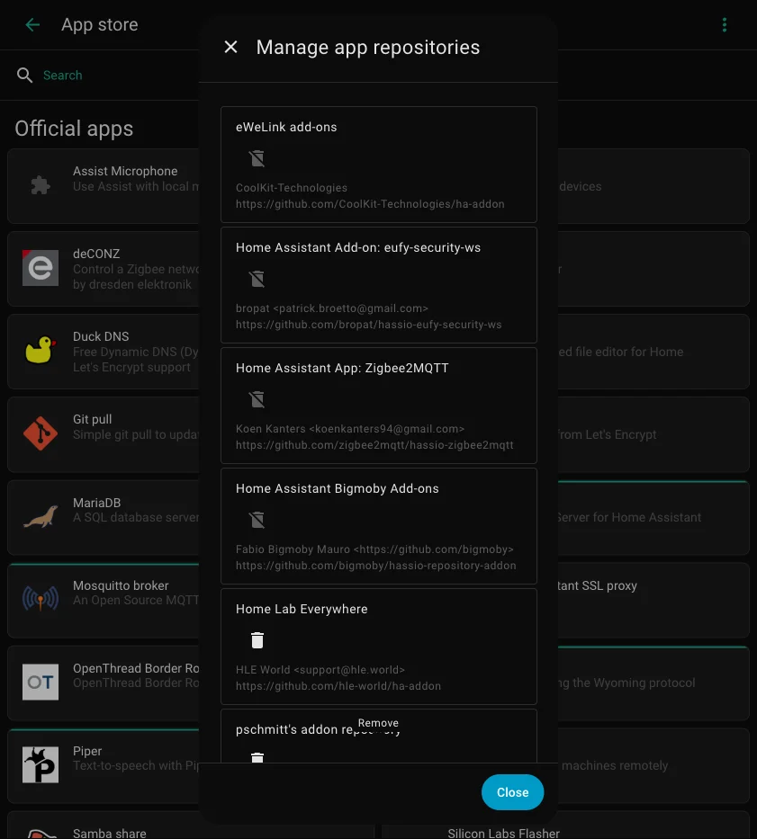 Manage app repositories dialog showing HomeLab Everywhere repository added