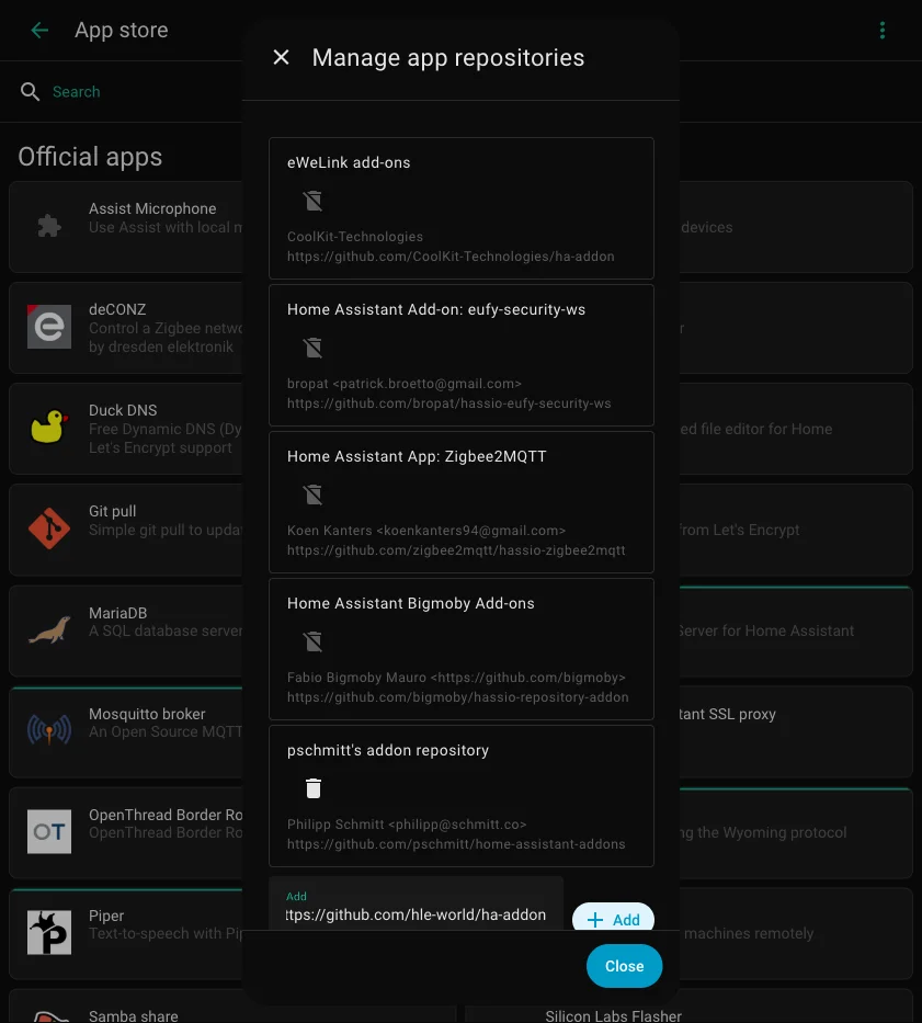 Manage app repositories dialog with HLE URL being added