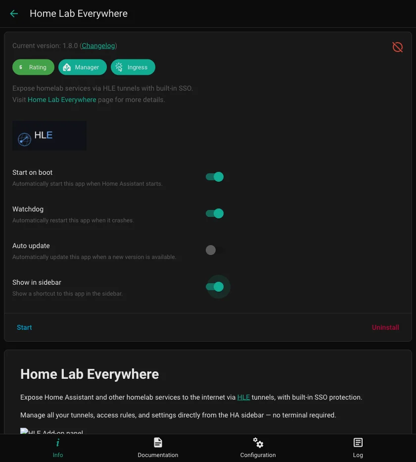 HomeLab Everywhere add-on page showing Start on boot, Watchdog, and Show in sidebar toggles