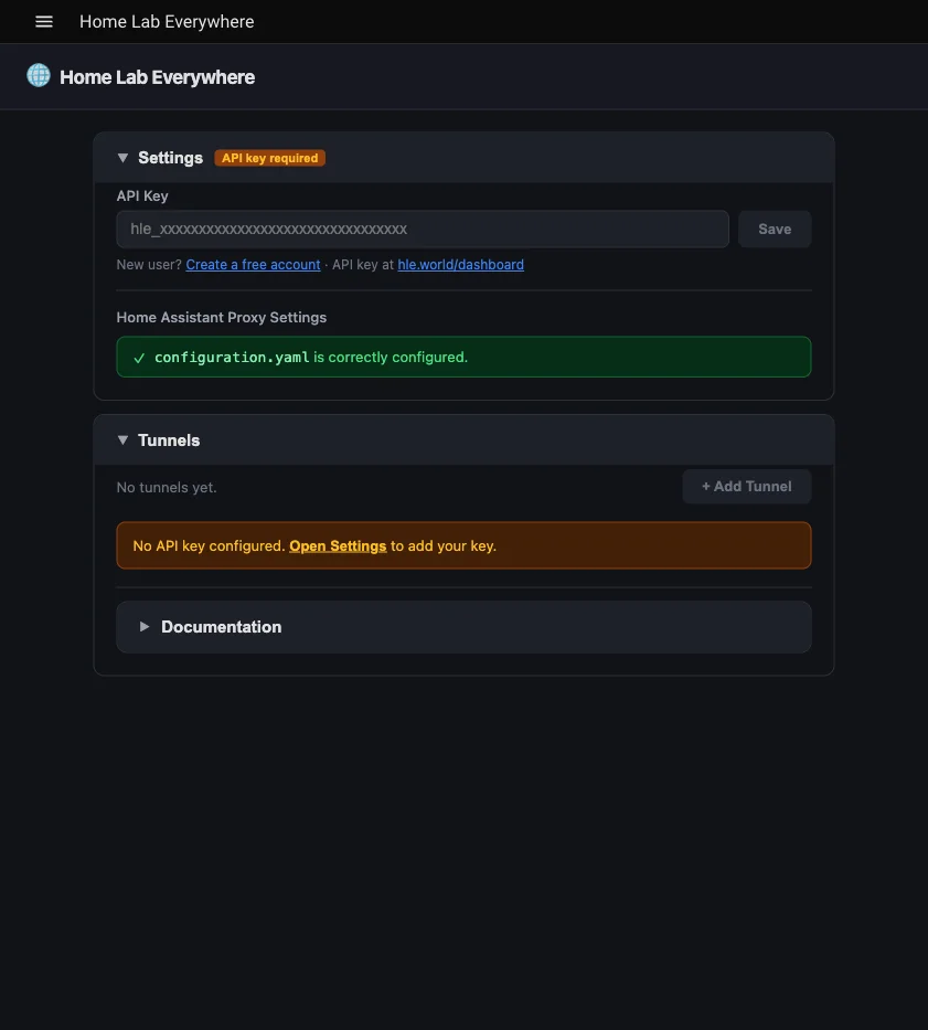HLE Settings panel showing the API key input field and proxy settings