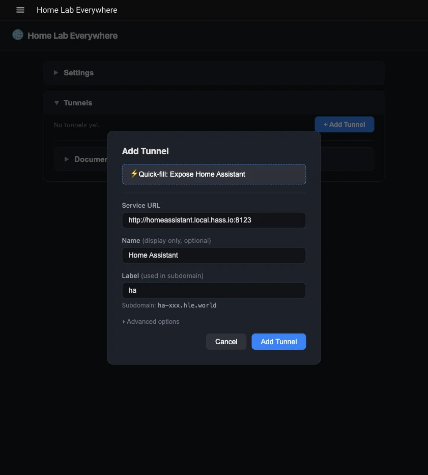 Add Tunnel dialog with Quick-fill button and pre-filled Home Assistant settings