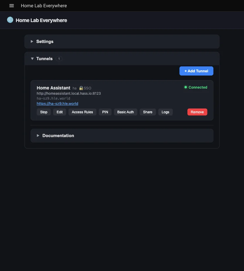 HLE Tunnels panel showing connected tunnel with public URL and management buttons